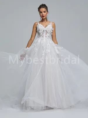 Elegant Spaghetti straps V-neck A-line Lace applique Wedding Dresses, WDY0267