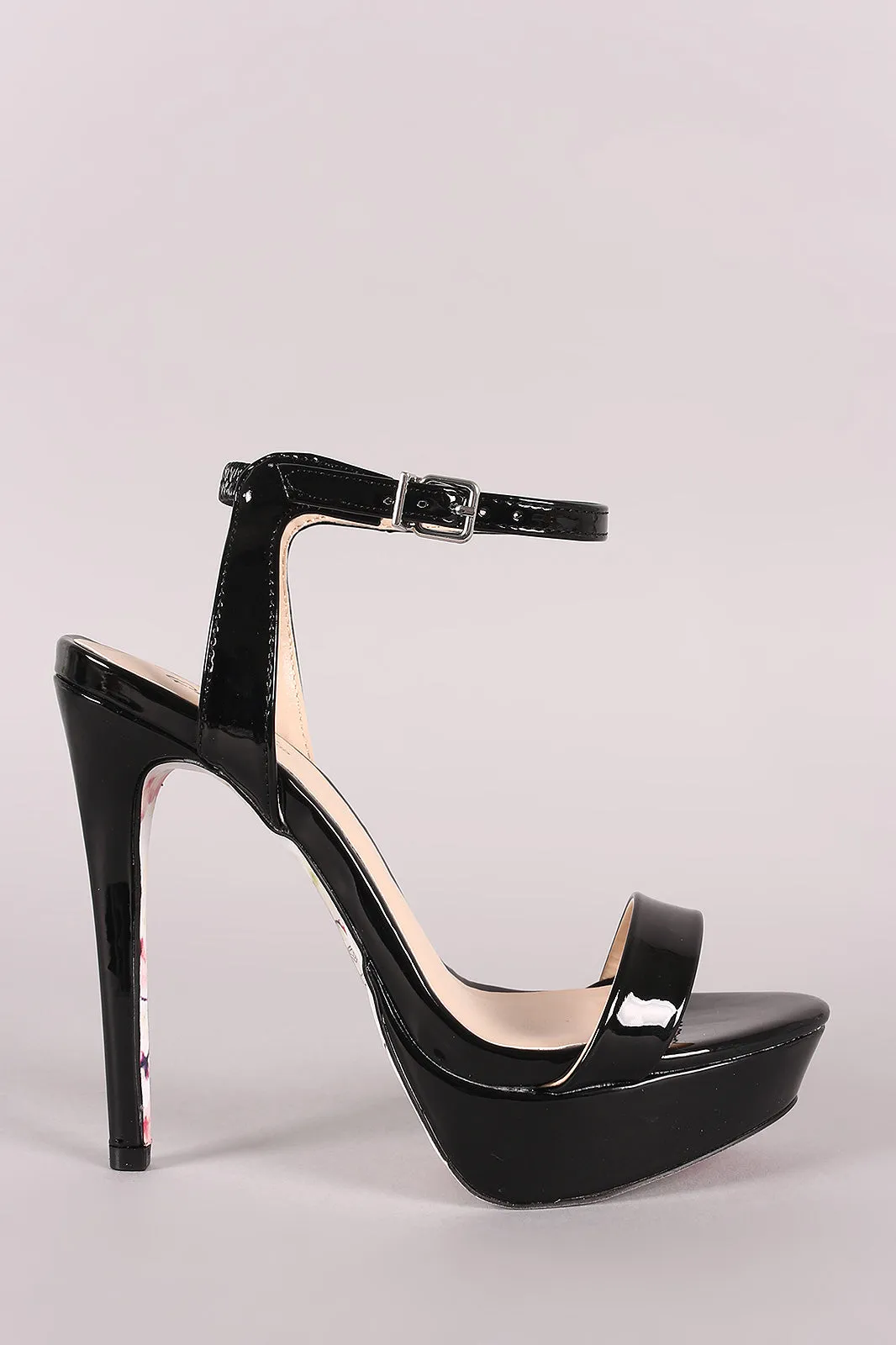 Qupid Patent Floral Outsole Ankle Strap Platform Heel