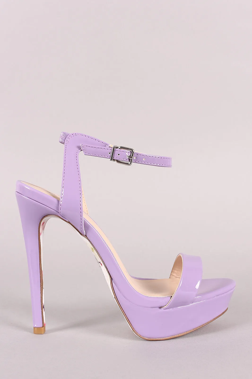 Qupid Patent Floral Outsole Ankle Strap Platform Heel