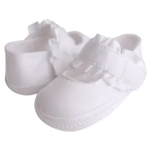 White Satin Crib Shoe with Ruffle Strap